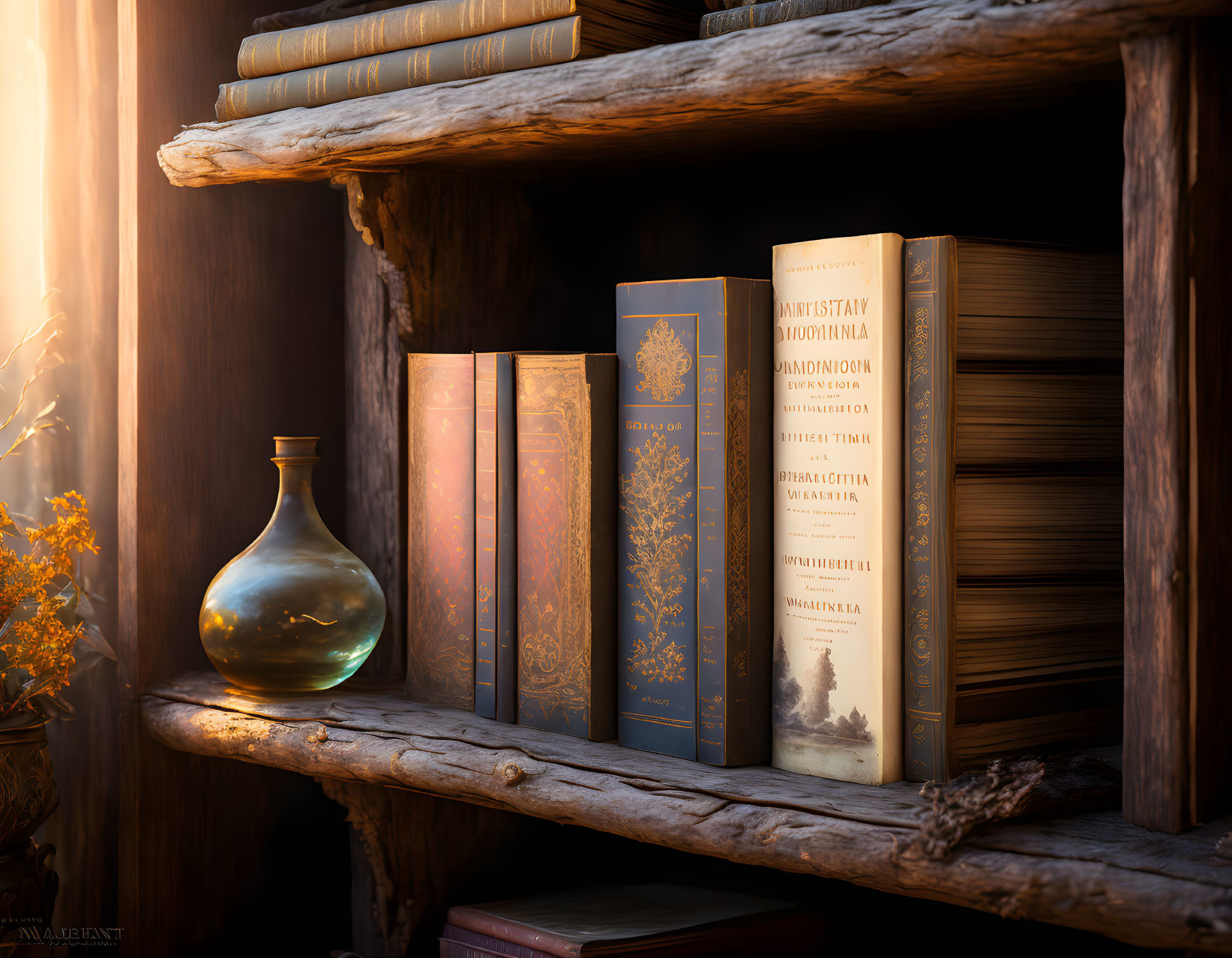 Vintage books on wooden shelf with round glass bottle in warm light