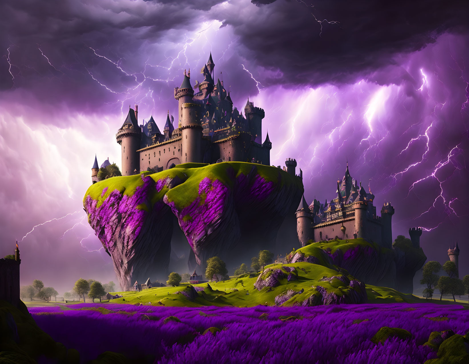 Majestic castle on floating rock in purple landscape with lightning