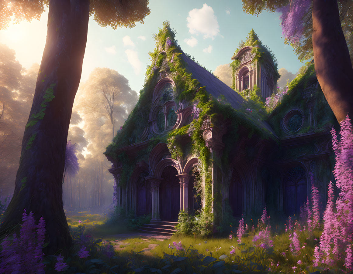 Sunlit Gothic ruin in enchanted forest with ivy and purple flowers