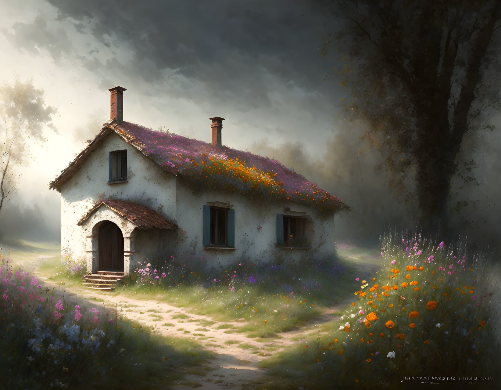 White Cottage Surrounded by Colorful Flowers in Misty Landscape