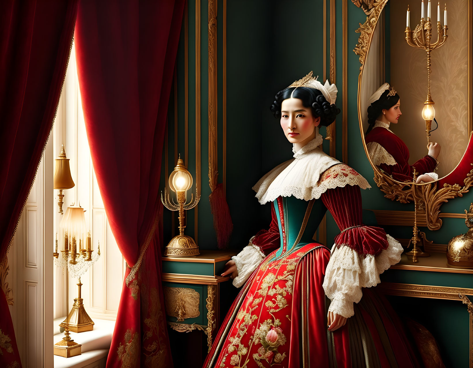 Victorian era woman in reflective pose in opulent room