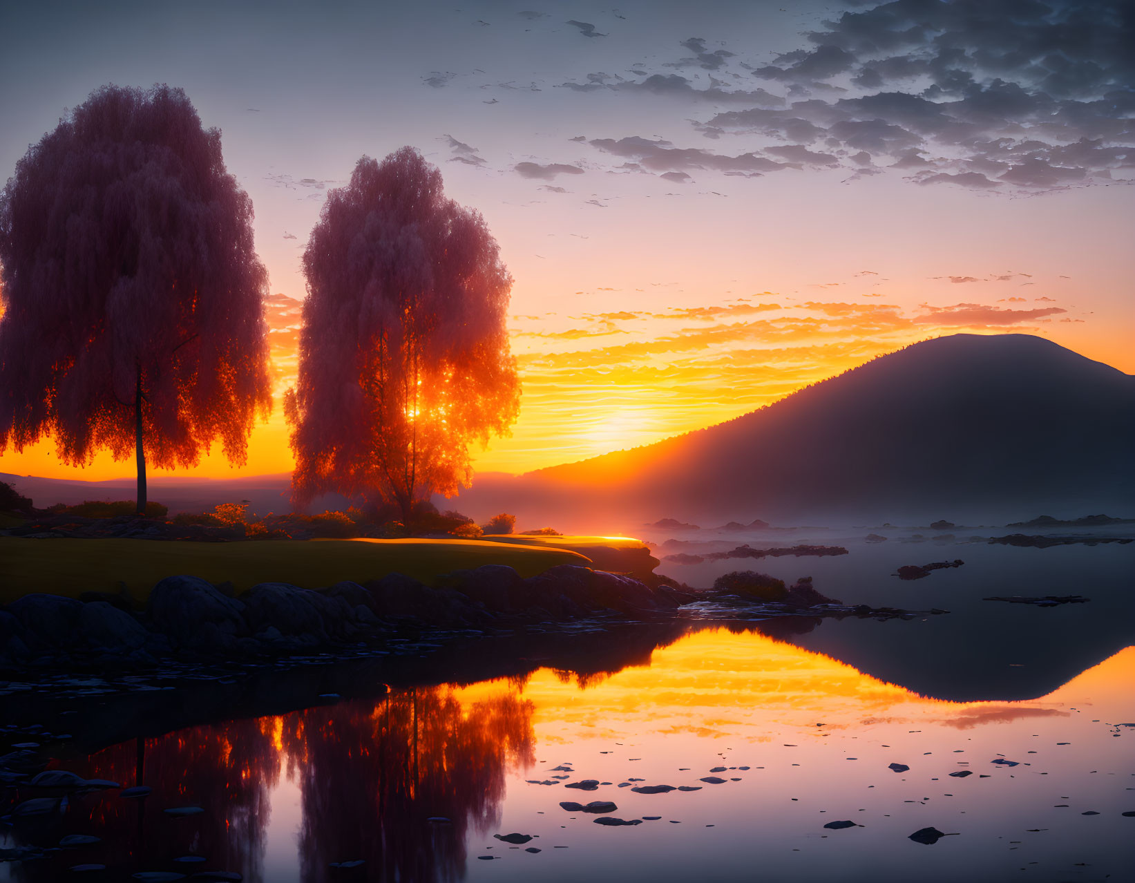 Tranquil lake sunset with willow trees and mountain silhouette