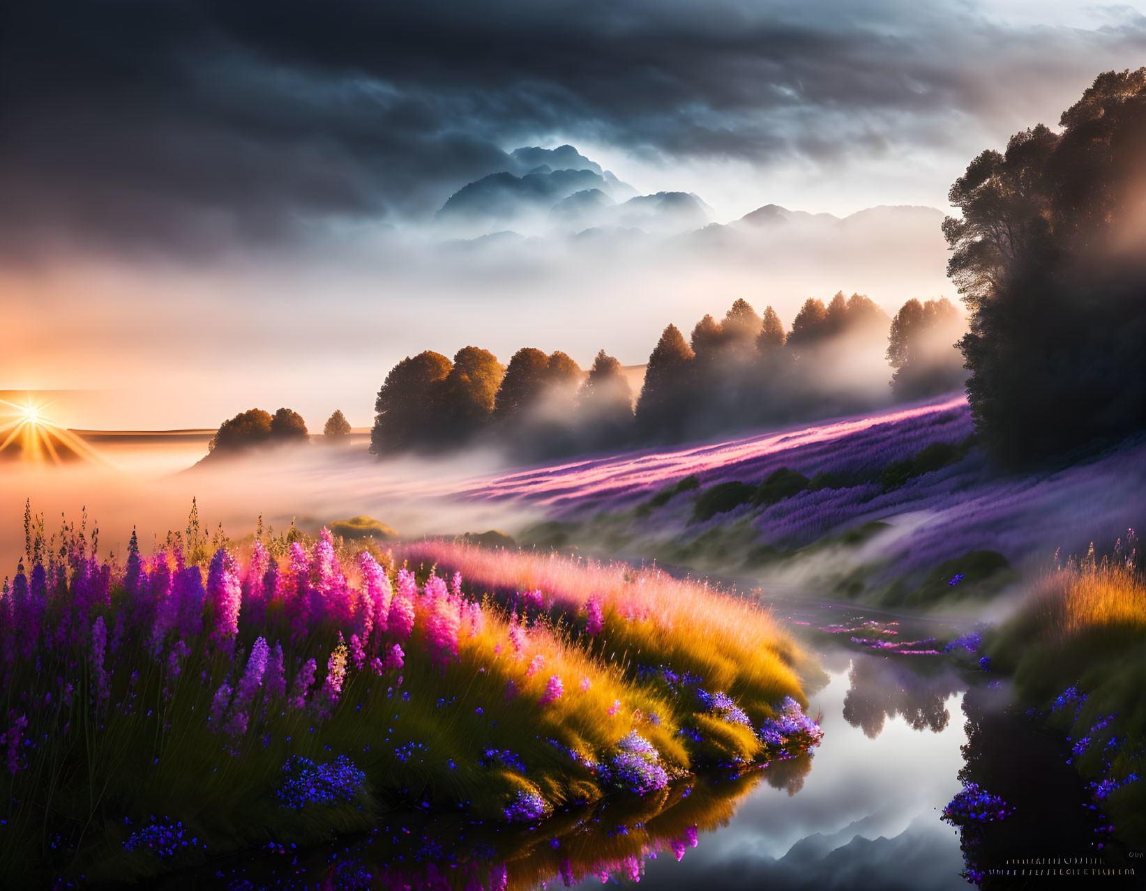 Scenic sunrise landscape with wildflowers, river, and misty mountains