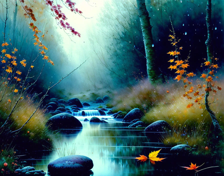 Fantasy landscape with stream, misty woods, and starry night sky