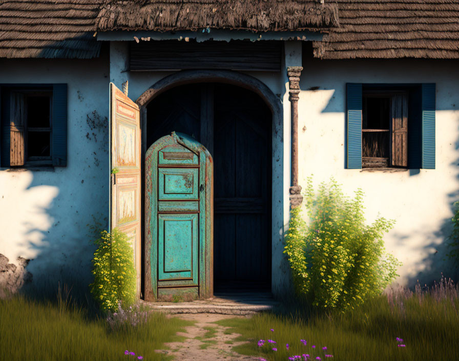 Weathered house with rustic blue door and overgrown greenery under warm light