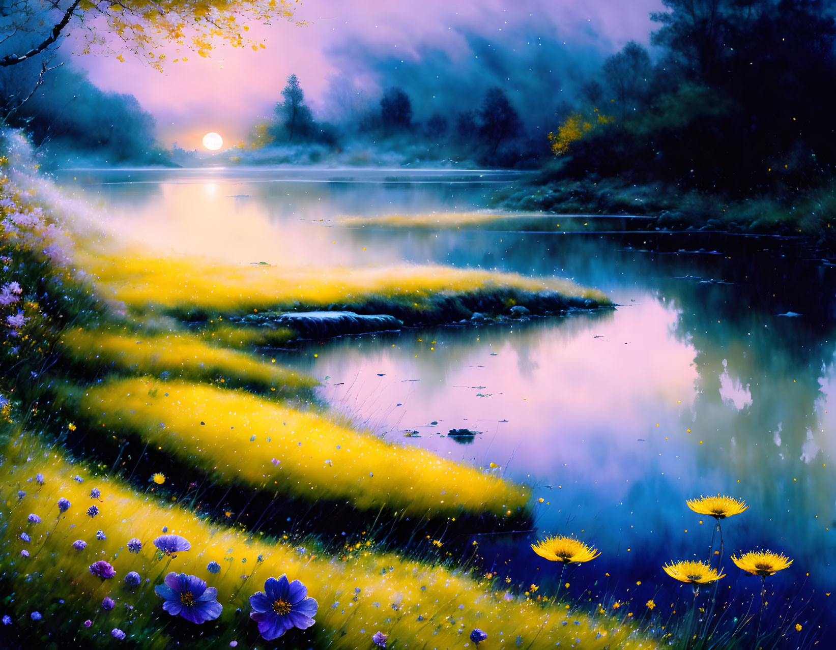 Tranquil dusk lake with yellow and blue flowers reflecting sunset hues