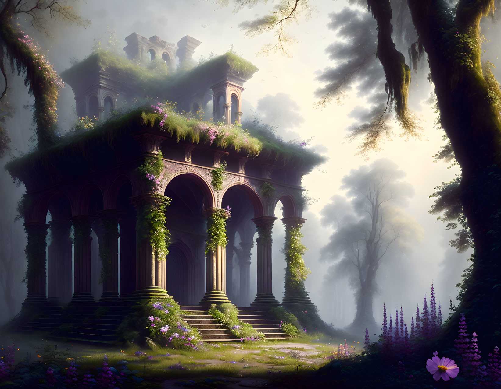 Ancient overgrown temple in mystical forest with sunlight and lush greenery