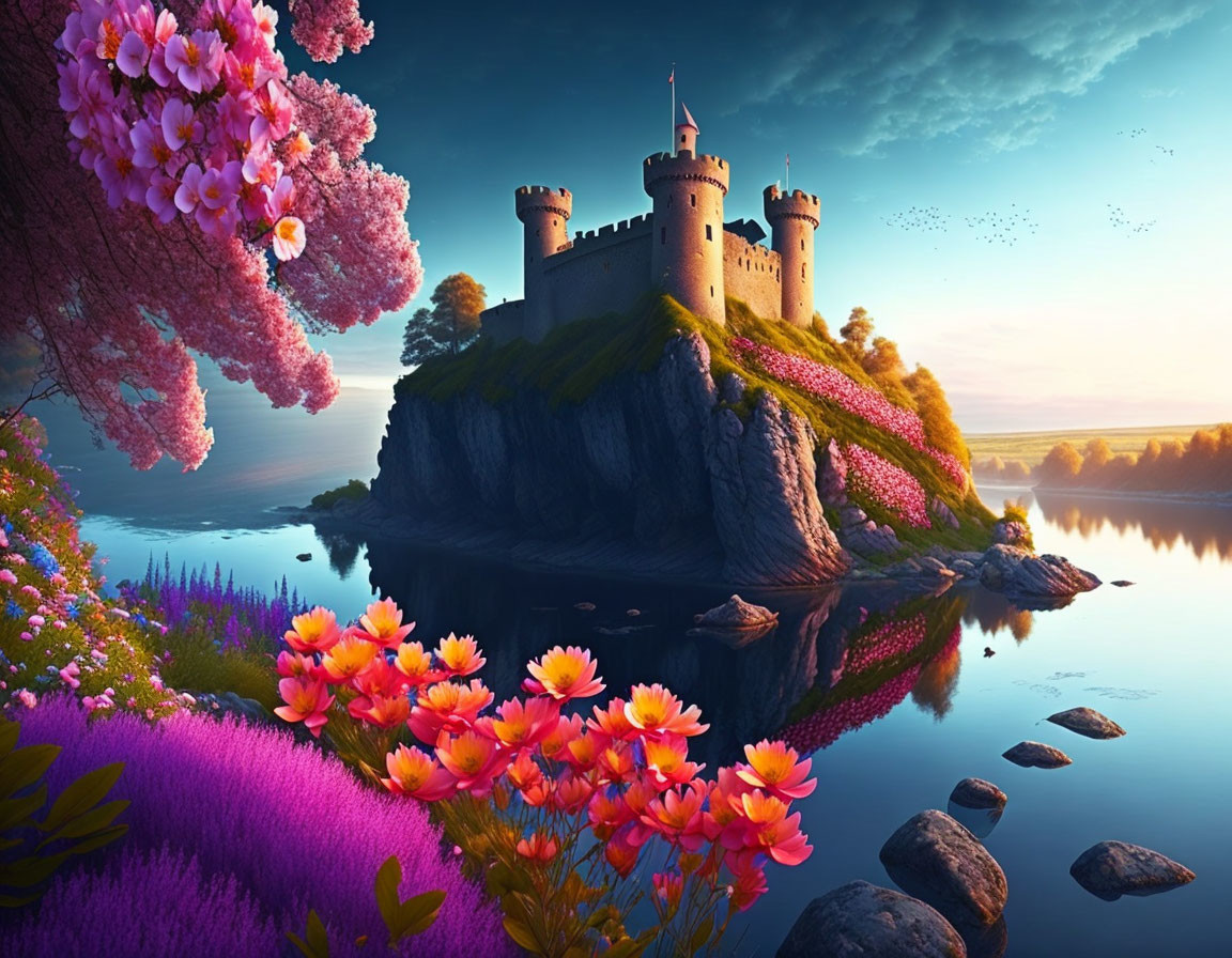 Fairytale castle on steep rock with colorful flowers and tranquil lake at dusk