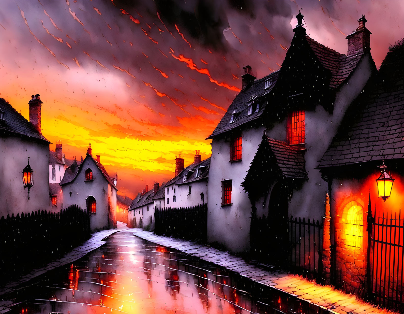 Vibrant sunset colors on wet cobblestone street at dusk