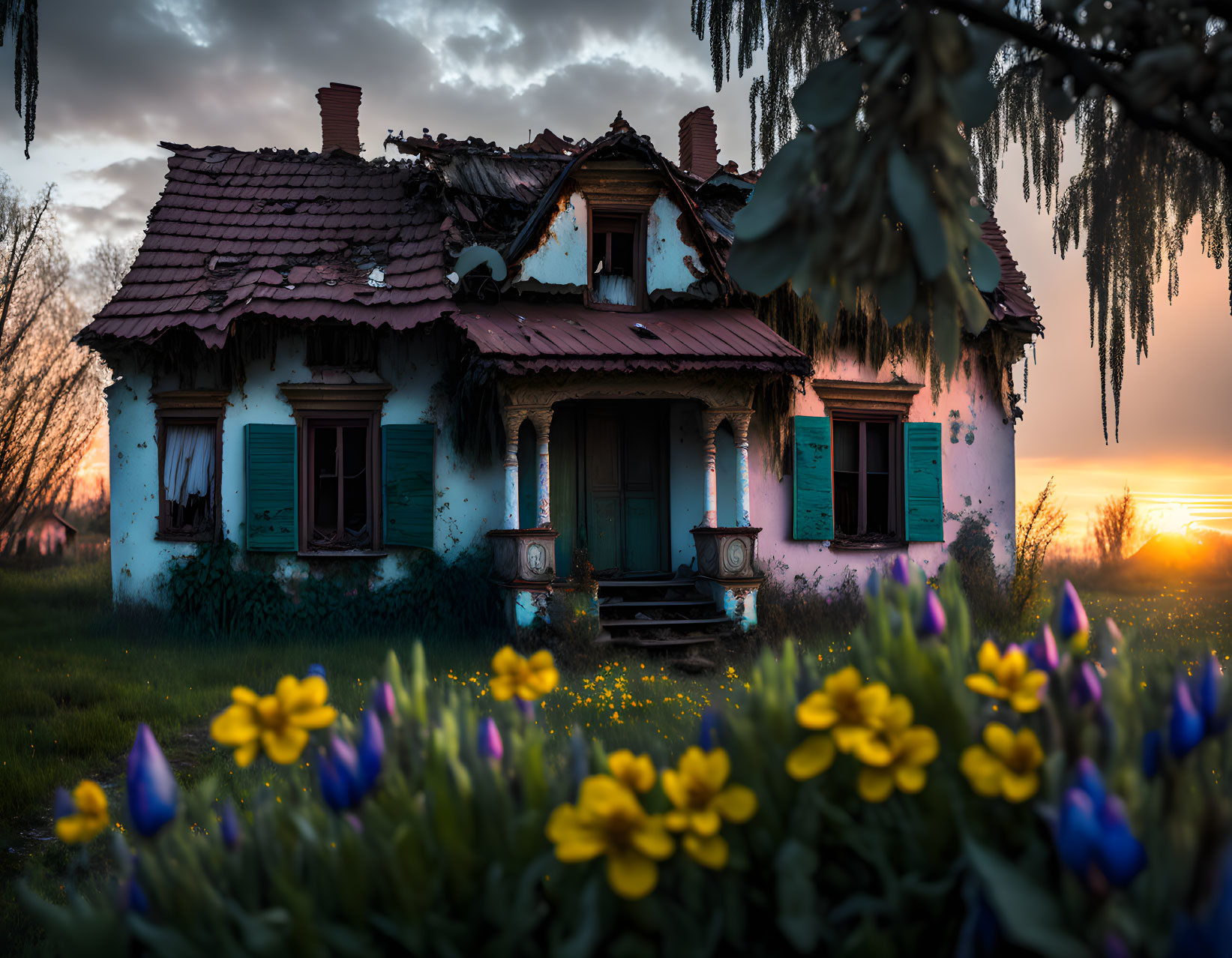 Dilapidated house with faded blue facade and damaged roof at sunset