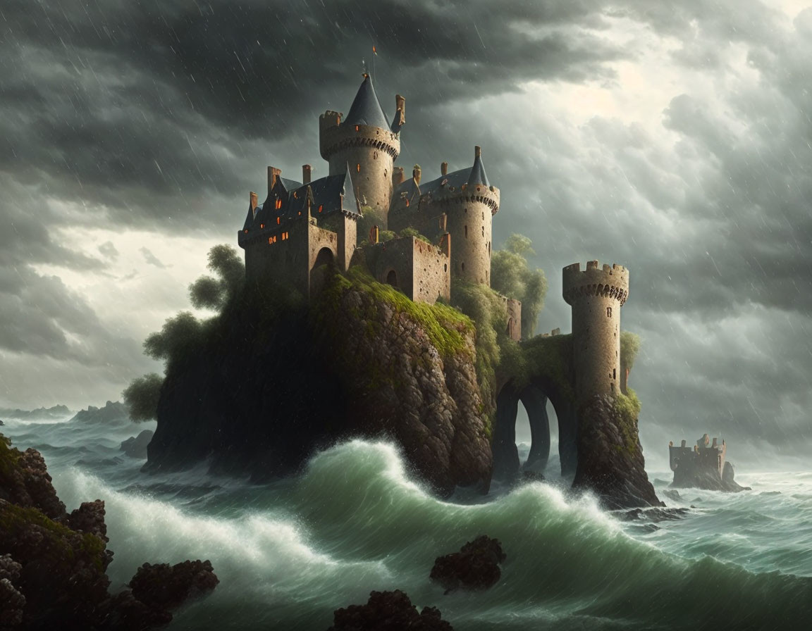 Castle on rocky island in stormy seas: fantasy and adventure vibe