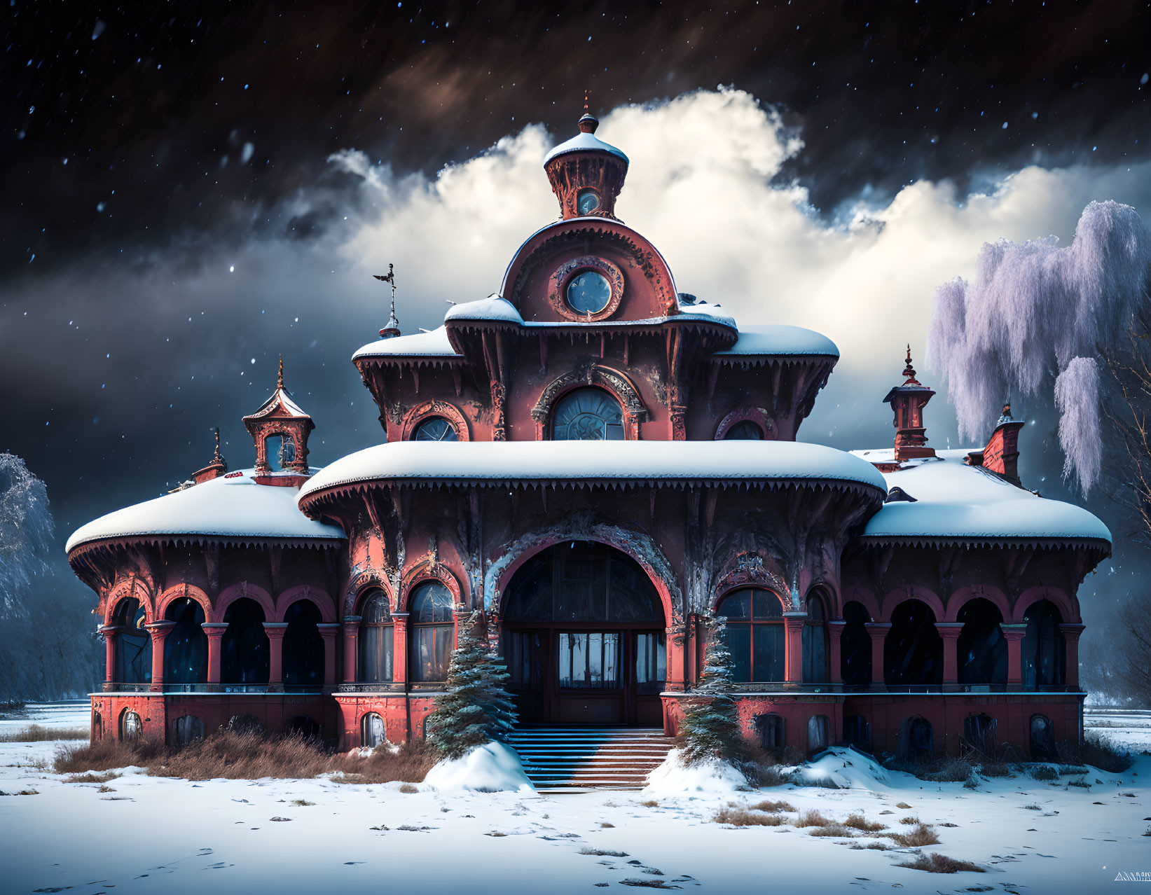 Red brick mansion with domes in snowy night scene