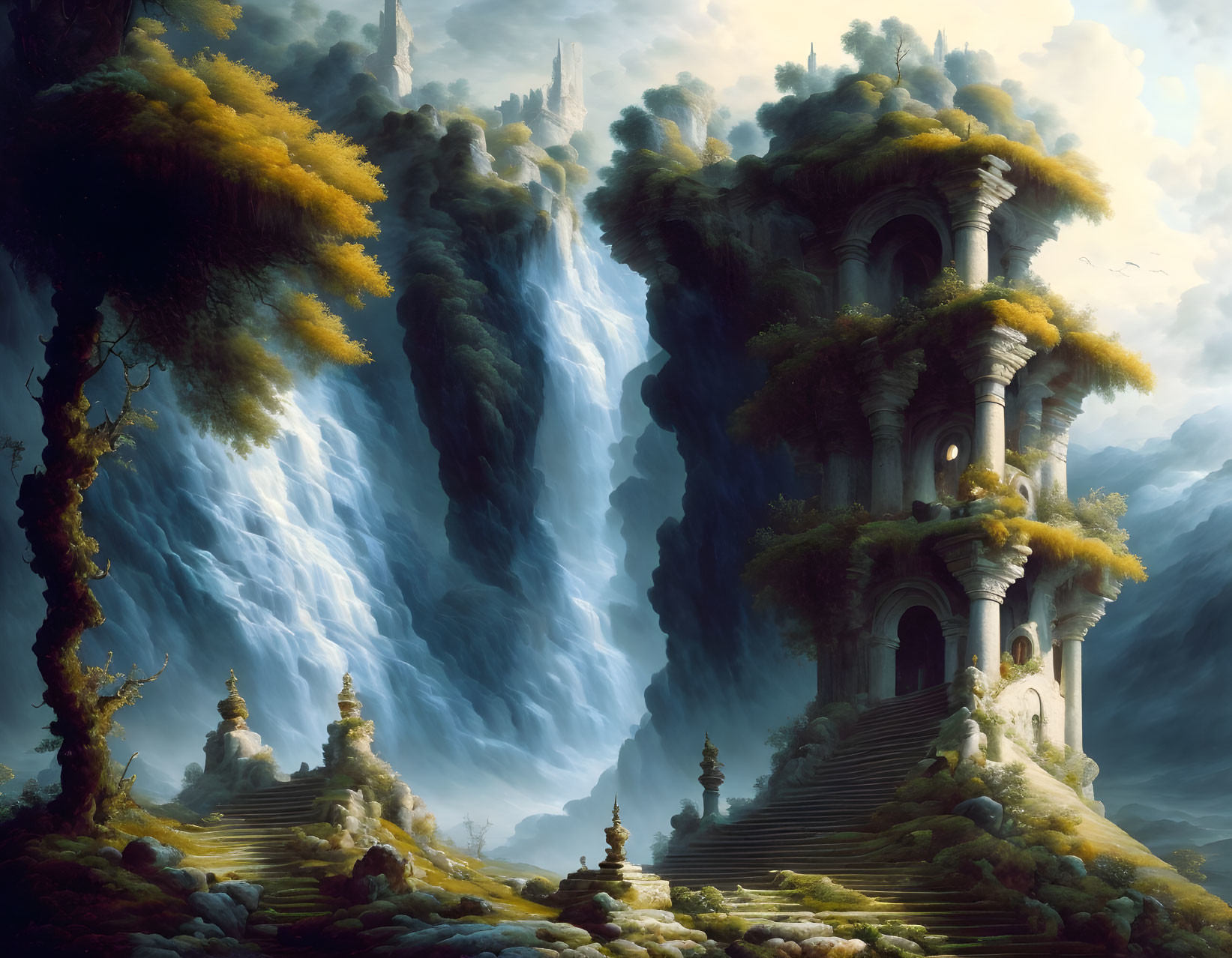Majestic waterfall, lush greenery, ancient tower in nature