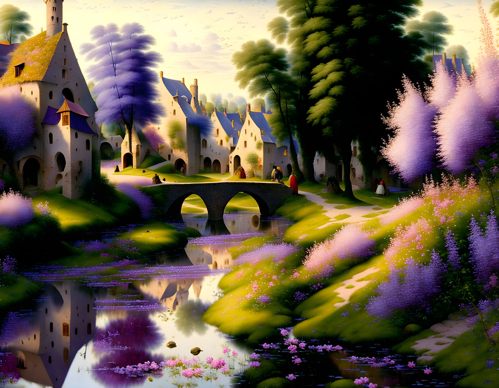 Picturesque fairytale village with stone bridge, calm river, lush trees, and vibrant flowers.