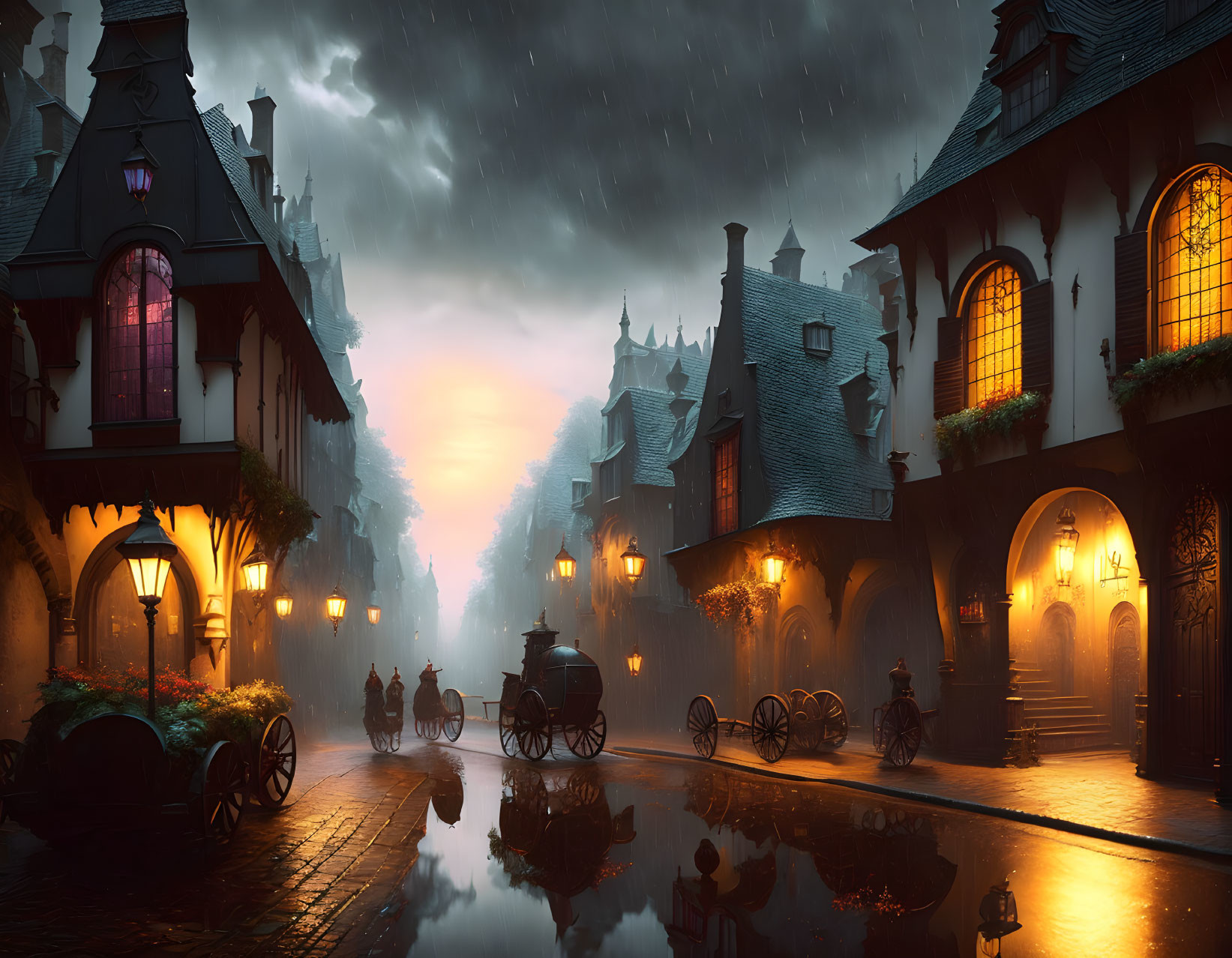 Rain-soaked cobblestone street in old-fashioned town at dusk with streetlamps, carriage,