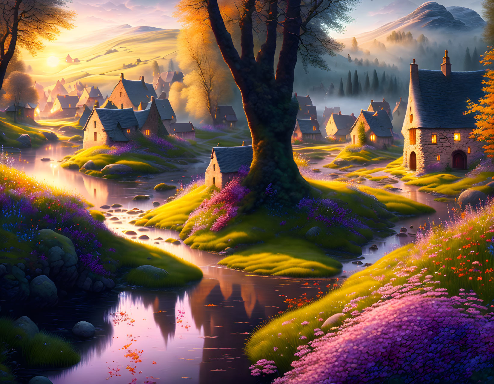 Tranquil fantasy village with thatched-roof cottages by a winding river