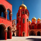 Russian-Style Architectural Complex with Red and Gold Onion Domes