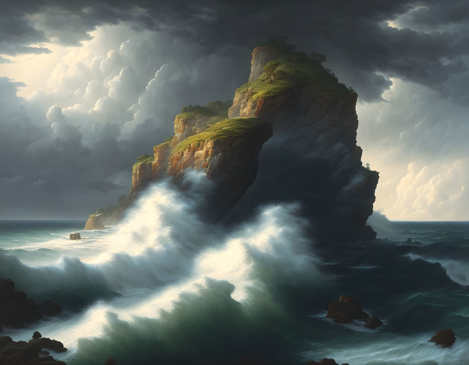 Stormy Seascape with Towering Cliffs and Crashing Waves