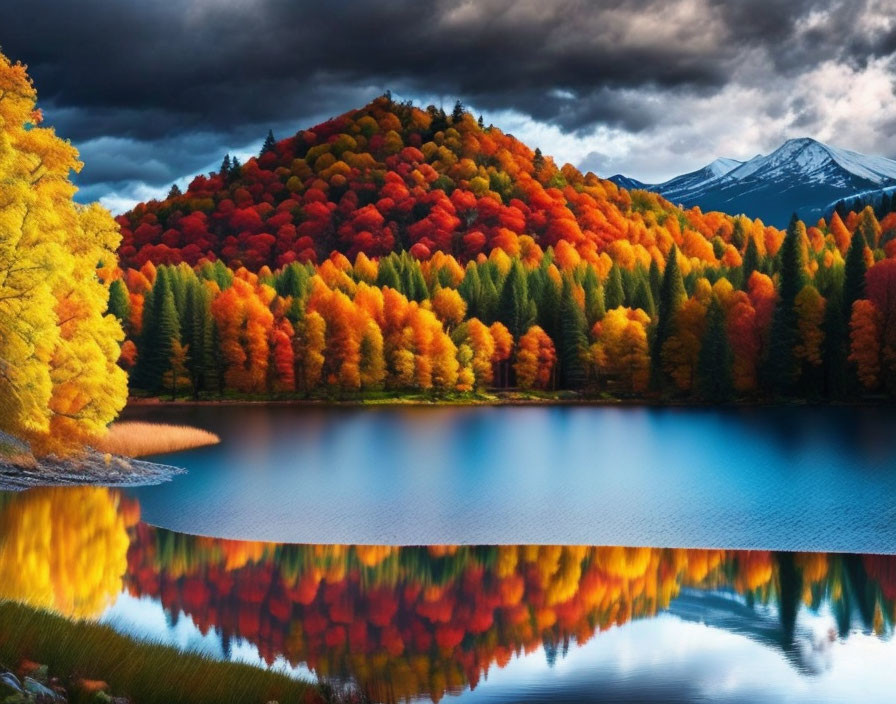 Tranquil lake with autumn trees, snow-capped mountain, and cloudy sky