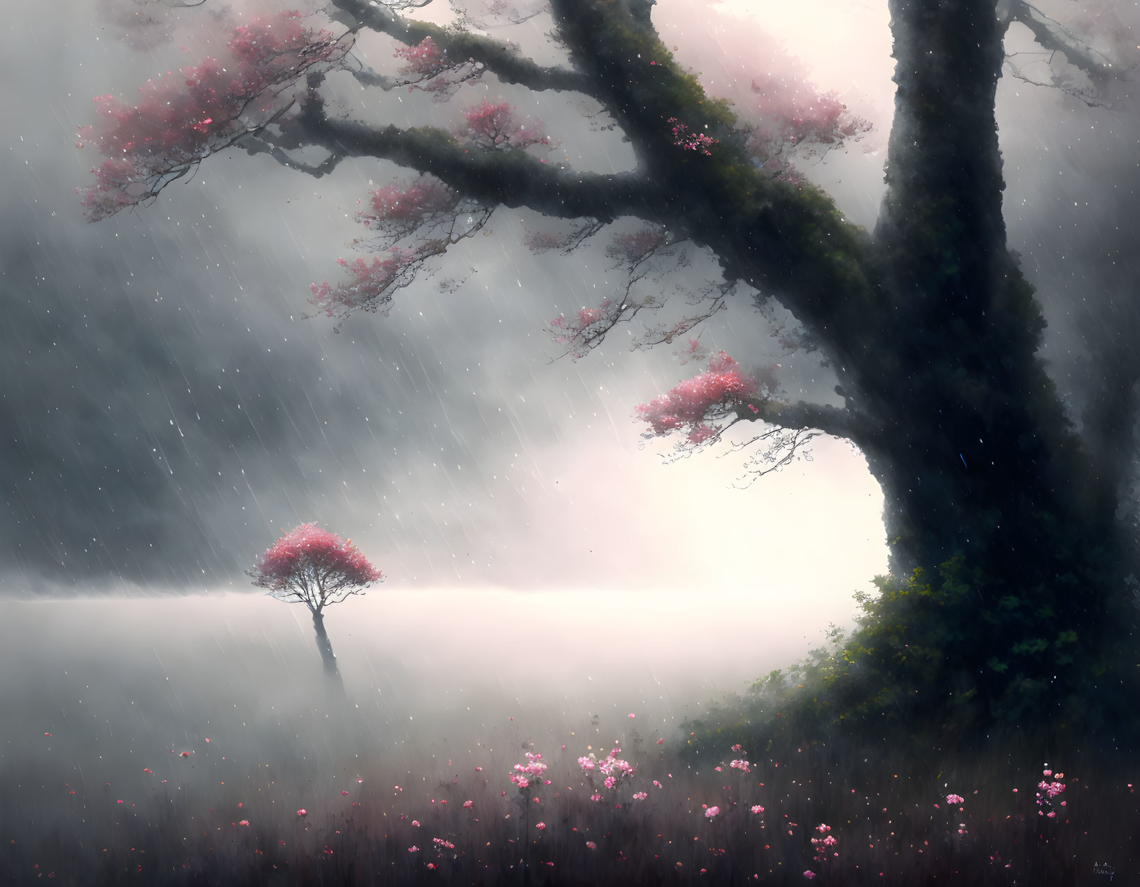 Misty forest with blooming trees in gentle rain