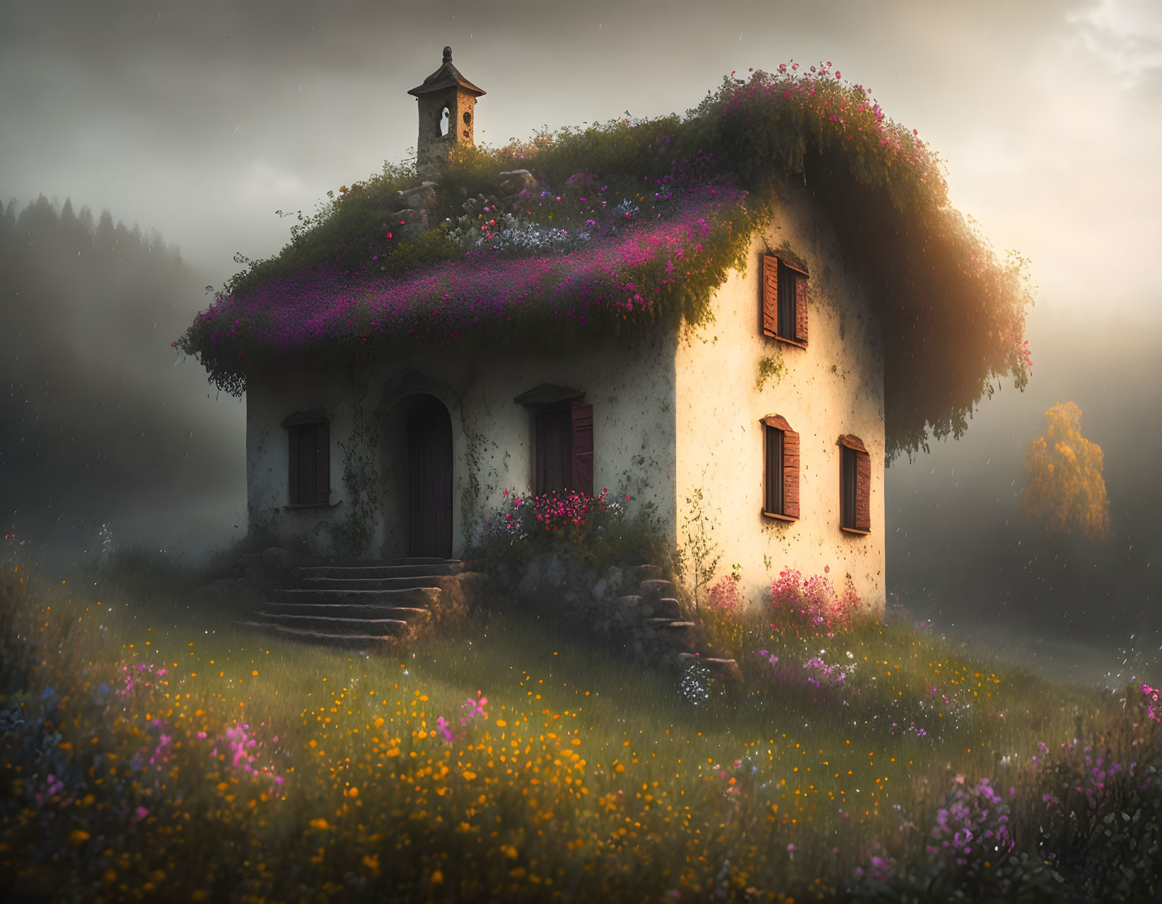 Quaint Cottage with Flower-Covered Roof in Sunlit Meadow