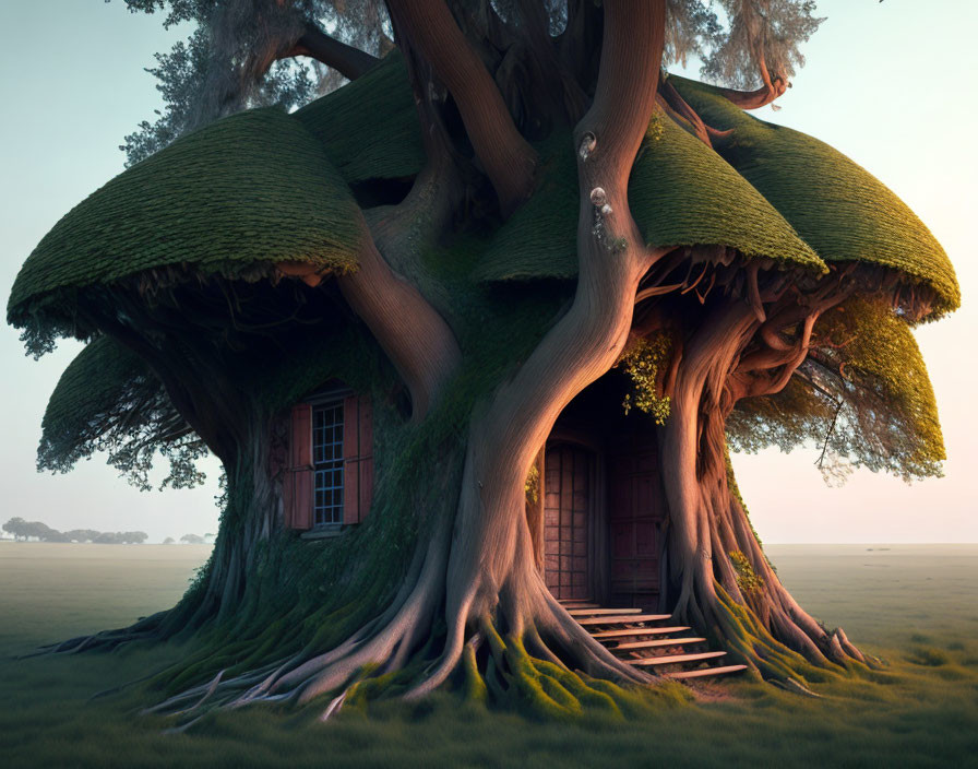 Large tree with door and windows in misty landscape