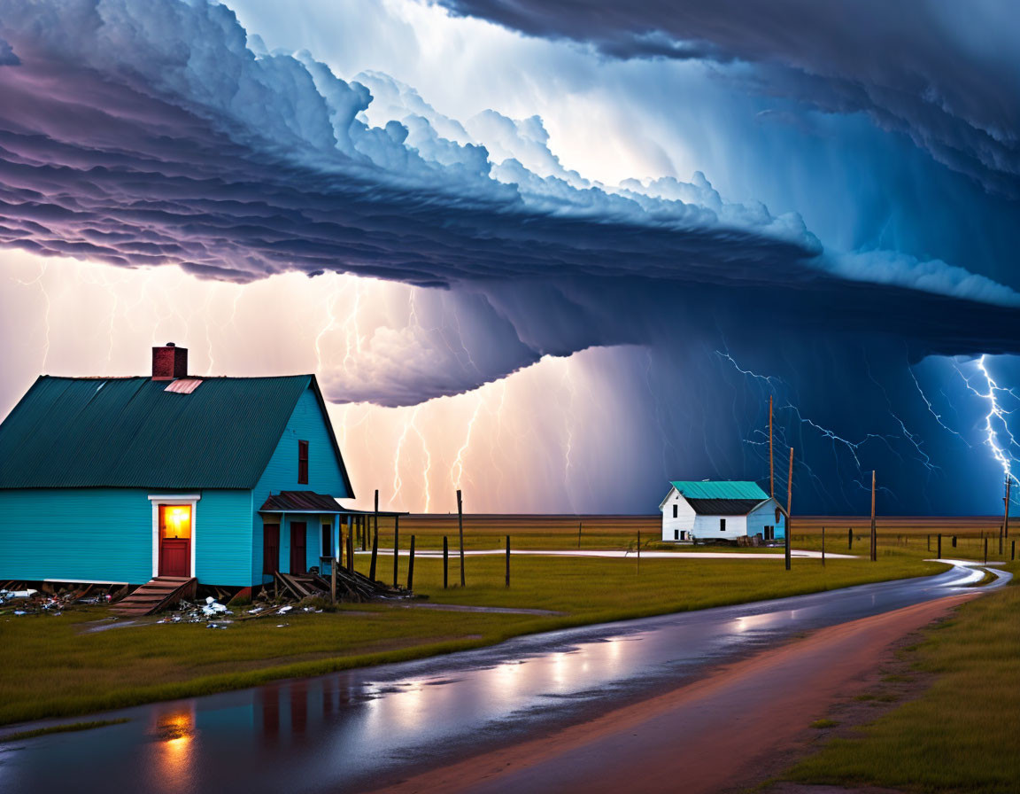 Dramatic storm scene with lightning over rural road and houses