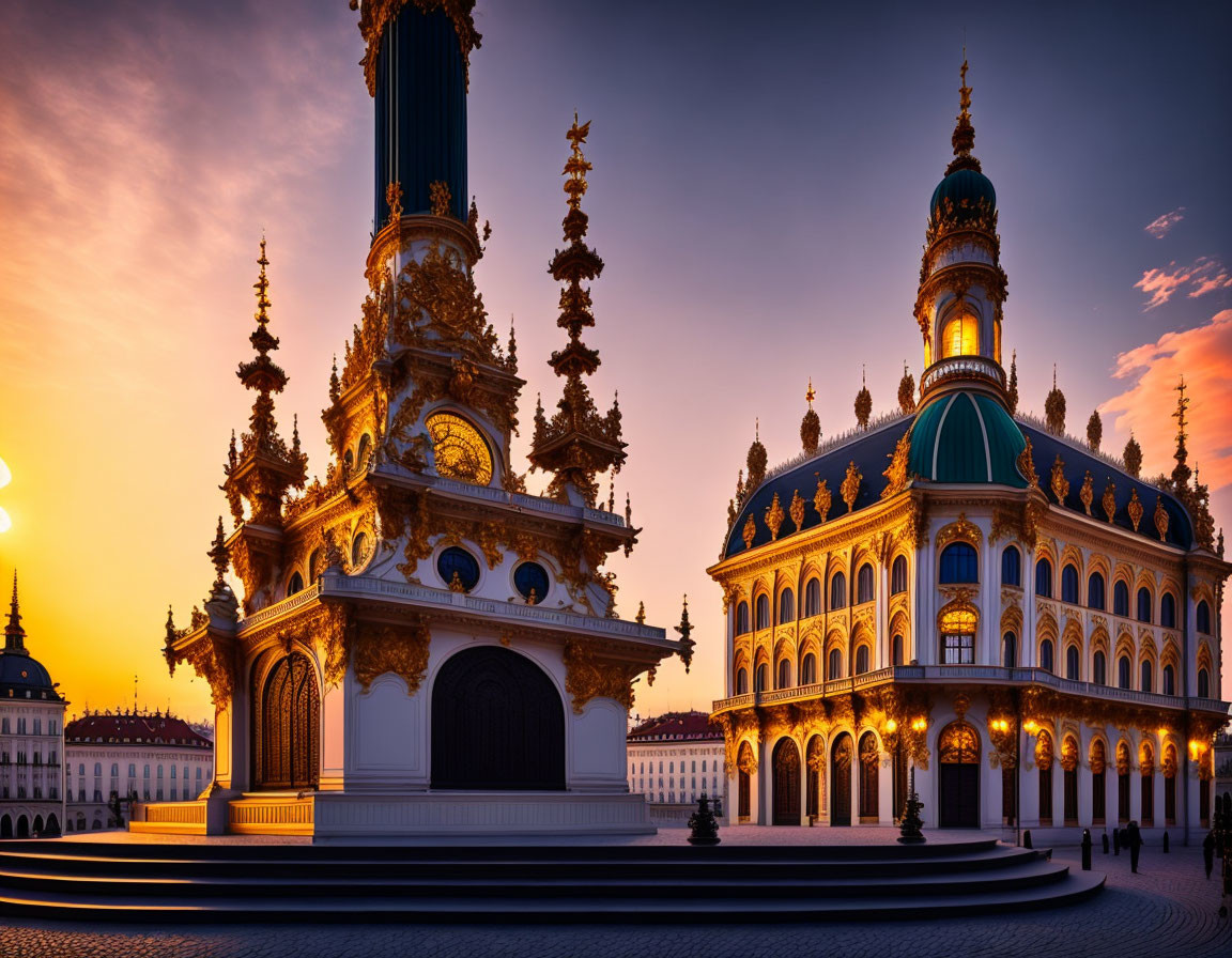 Ornate Baroque-Style Pavilion and Matching Building at Sunset