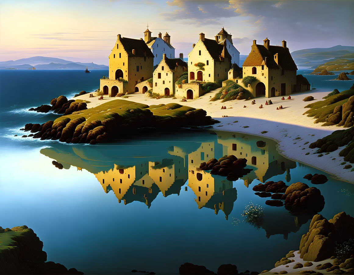 European-style buildings reflected in tranquil coastal waters with sandy shores and clear sky