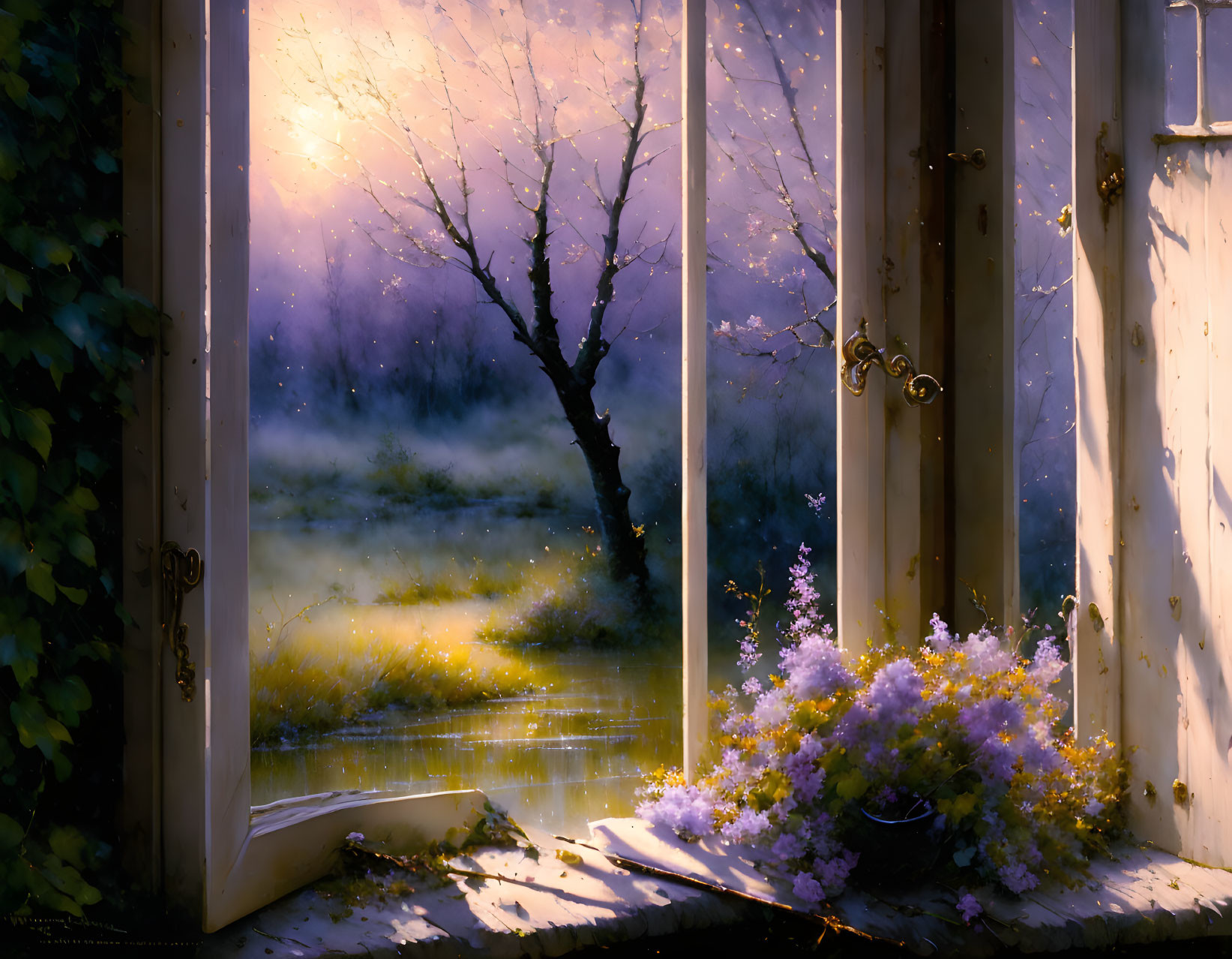 Sunlit tree and flowers in dreamy landscape through open window