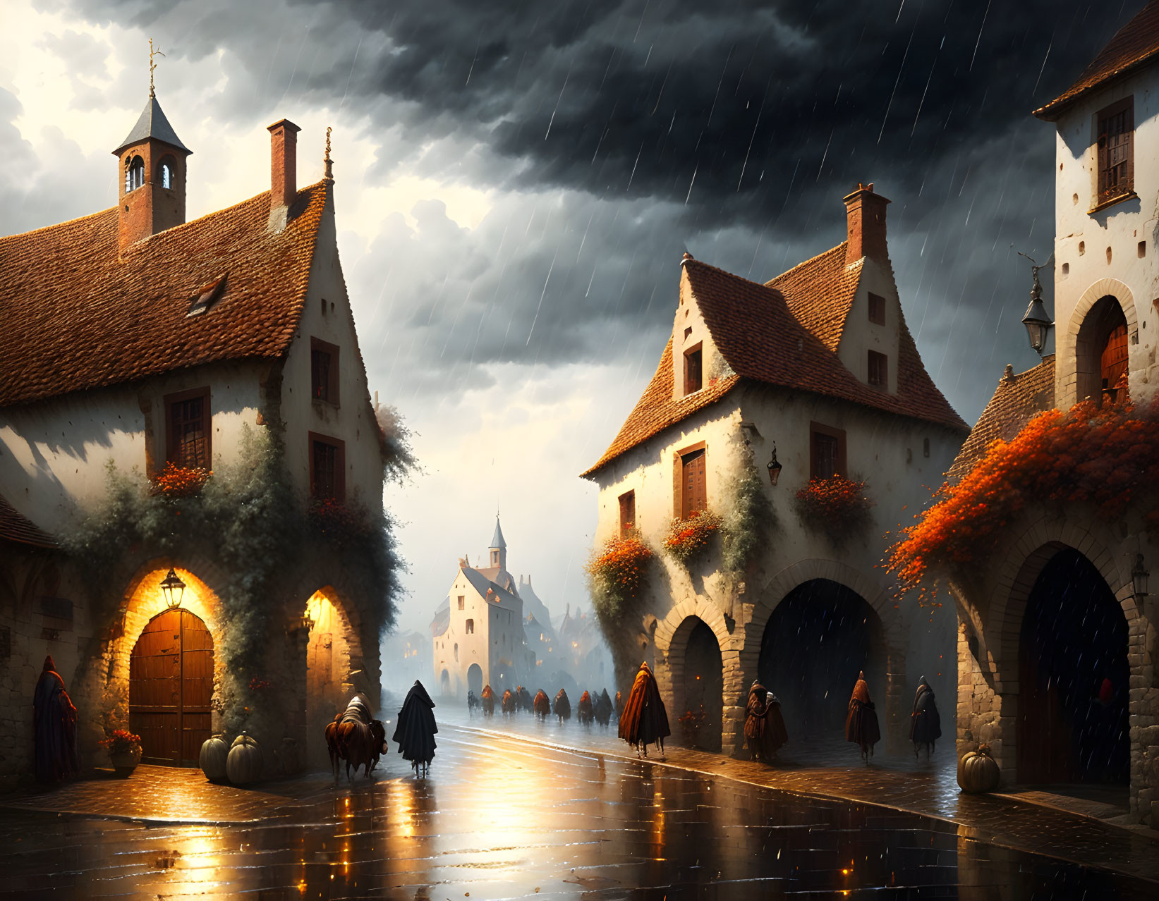 Medieval Village Street Rainy Dusk Scene with Umbrellas