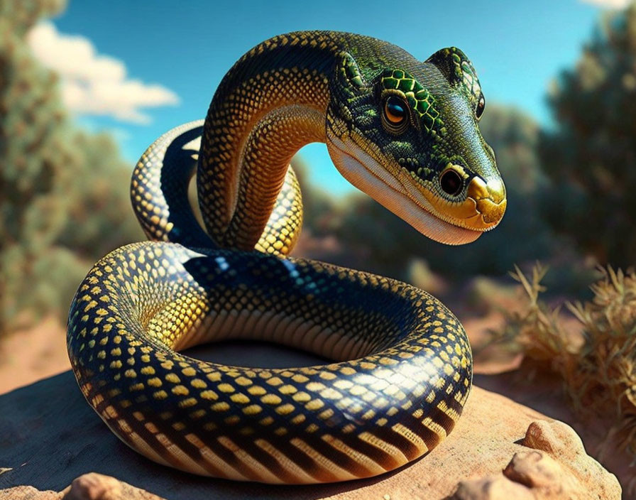 Detailed Illustration: Yellow and Black Snake on Desert Rock