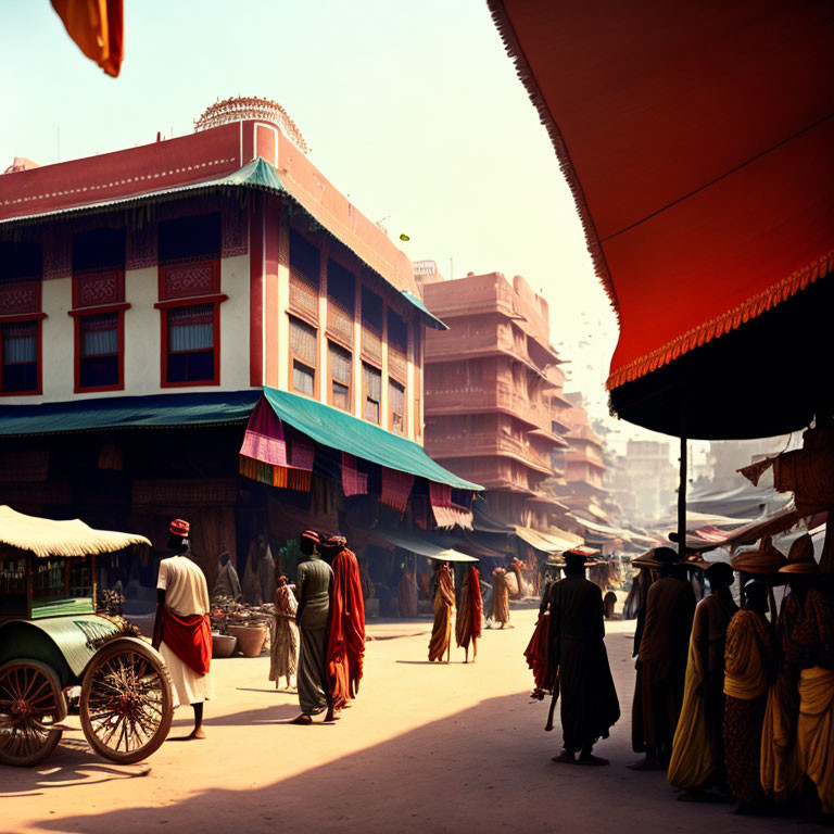 Traditional Market Street with Colorful Stalls and Diverse Attire