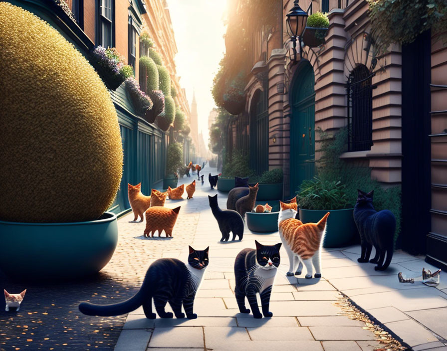 Colorful oversized cats in whimsical urban street scene