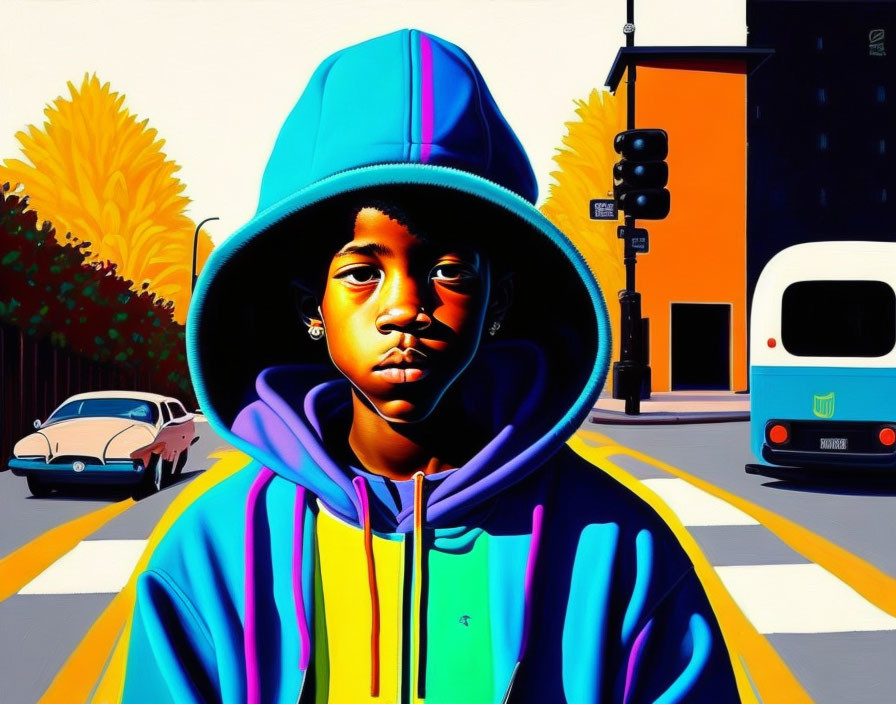 Colorful urban artwork: person in blue hoodie, bus, traffic light