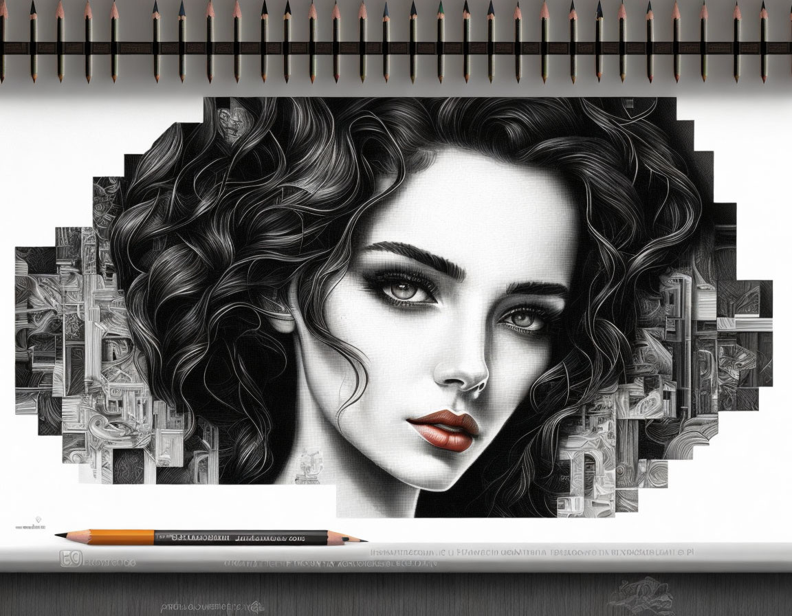 Hyper-realistic Woman Portrait with Geometric Cityscape Background and Colored Pencils