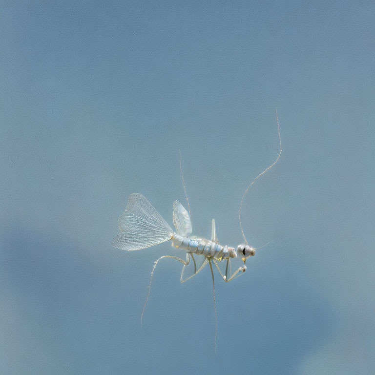 Translucent insect with delicate wings against blue sky