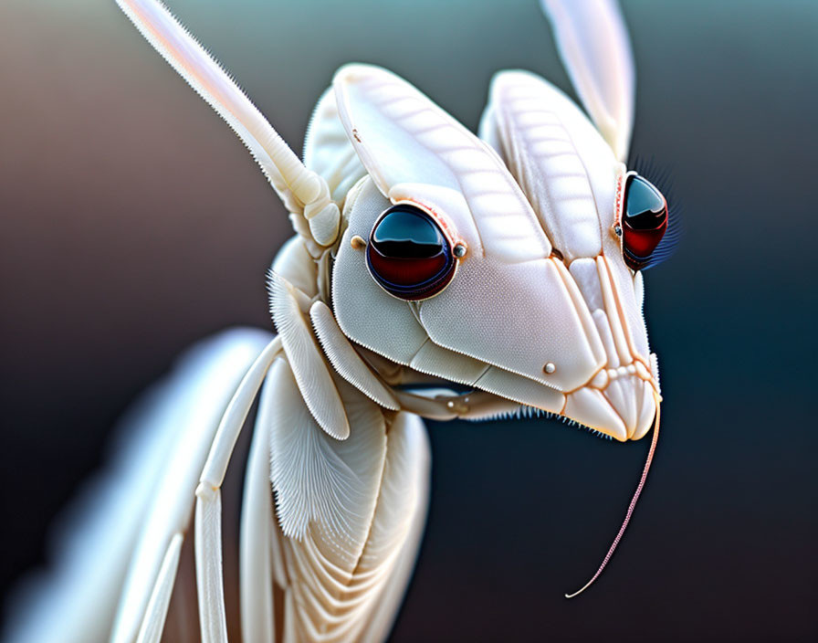 Detailed Structure of White Orchid Mantis with Red Eyes