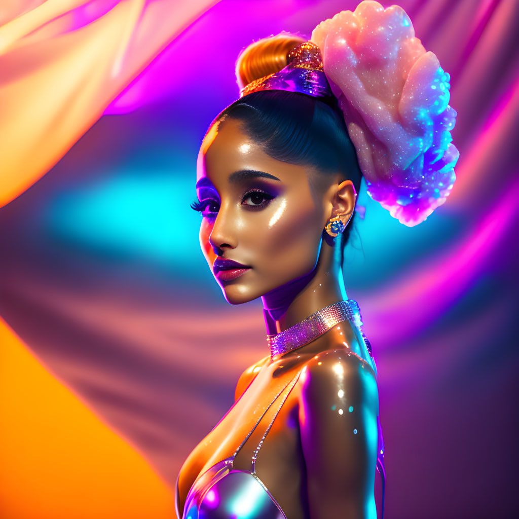 Colorful Woman with Cloud-Like Hair and Sparkling Accessories