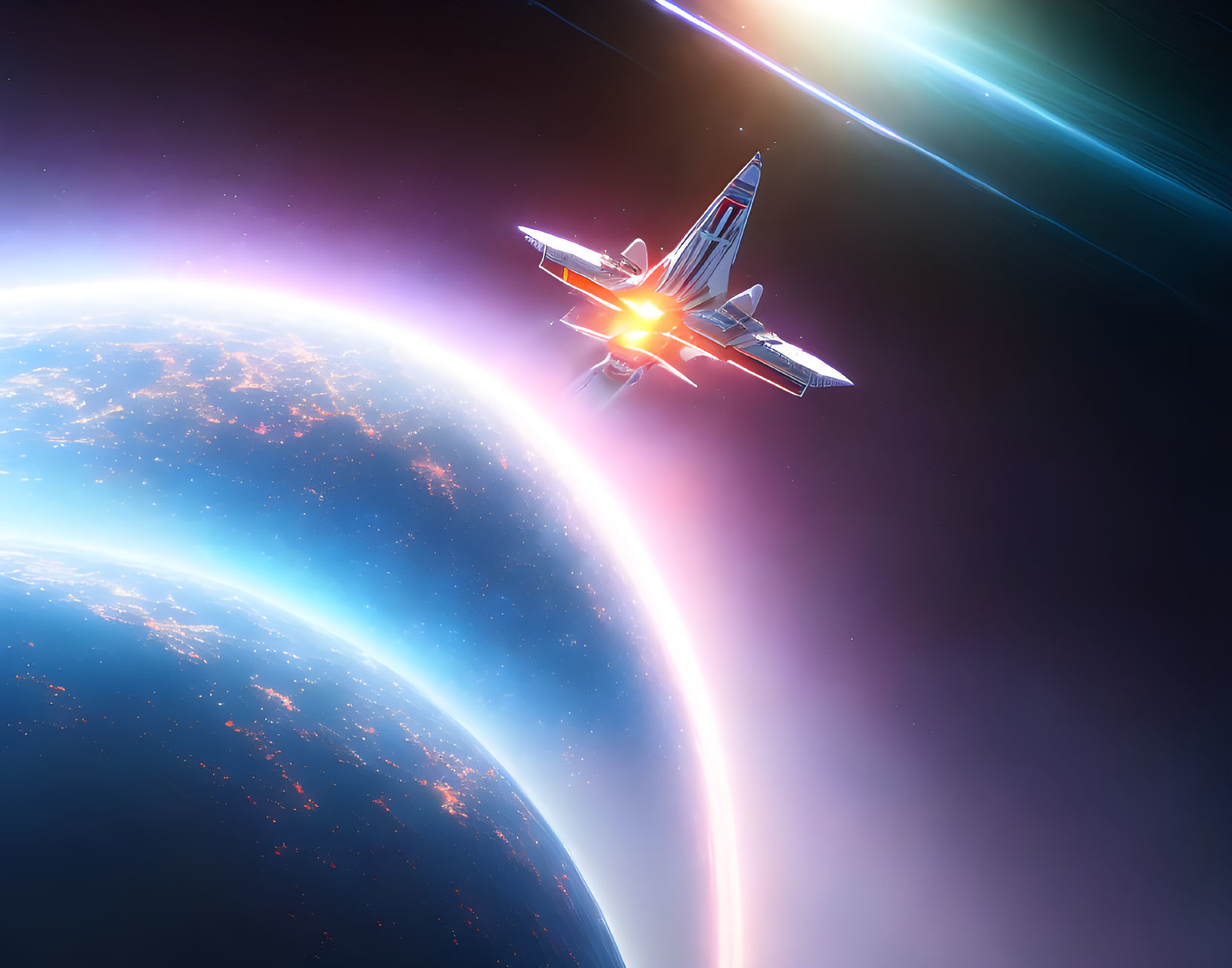 Futuristic spaceship with blue and orange highlights flying in space