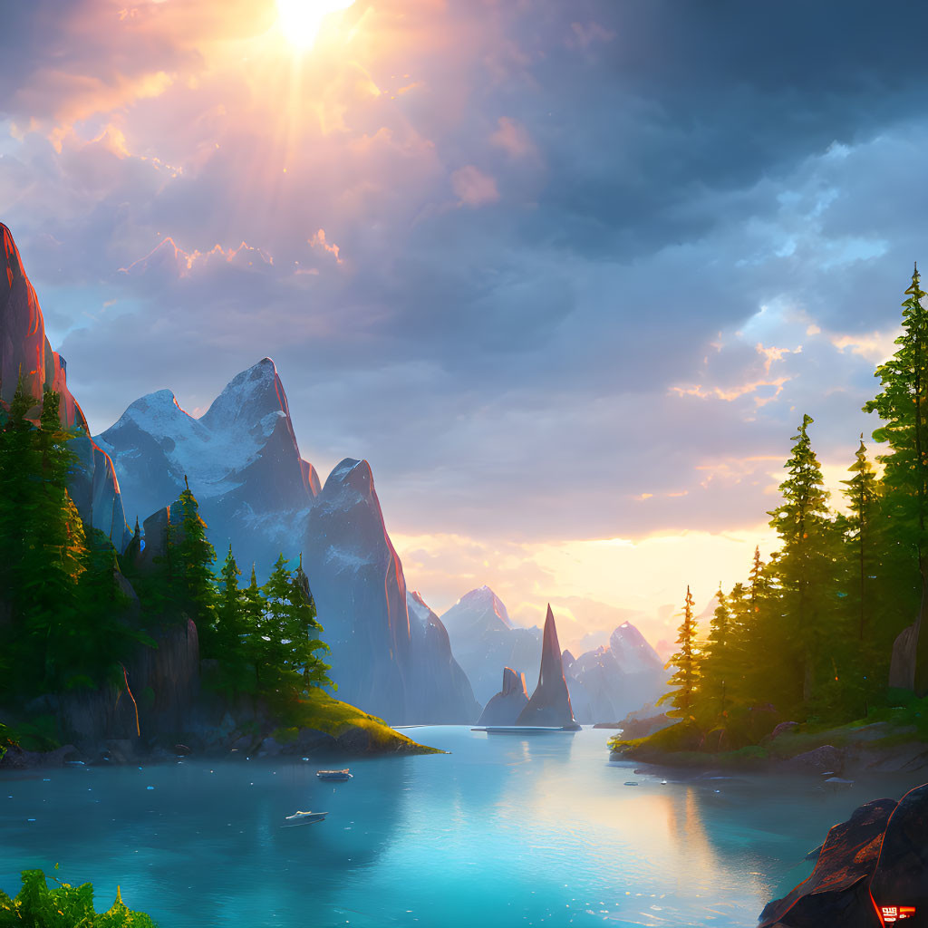 Majestic mountain landscape with river, trees, and sunset sky