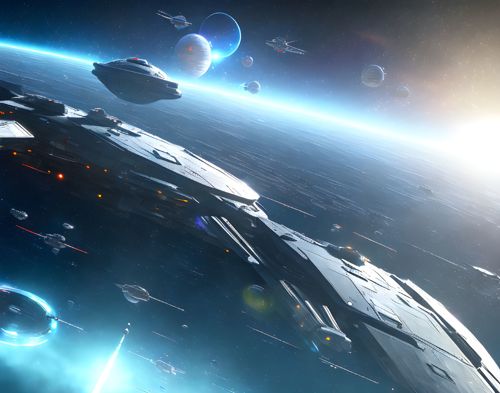 Futuristic spacecraft in vibrant space battle scene