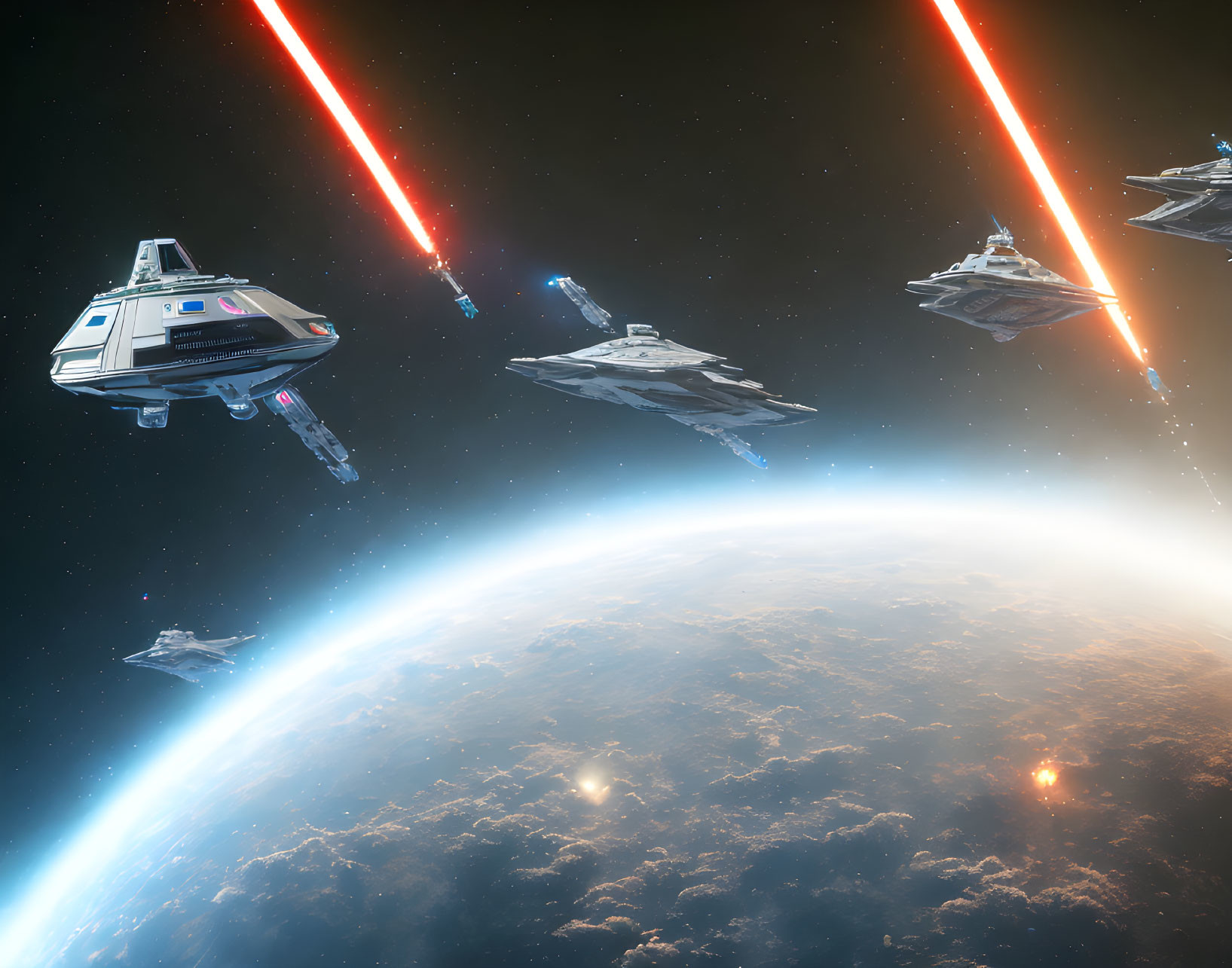 Sci-fi Spaceships Battle with Laser Beams Near Earth's Orbit