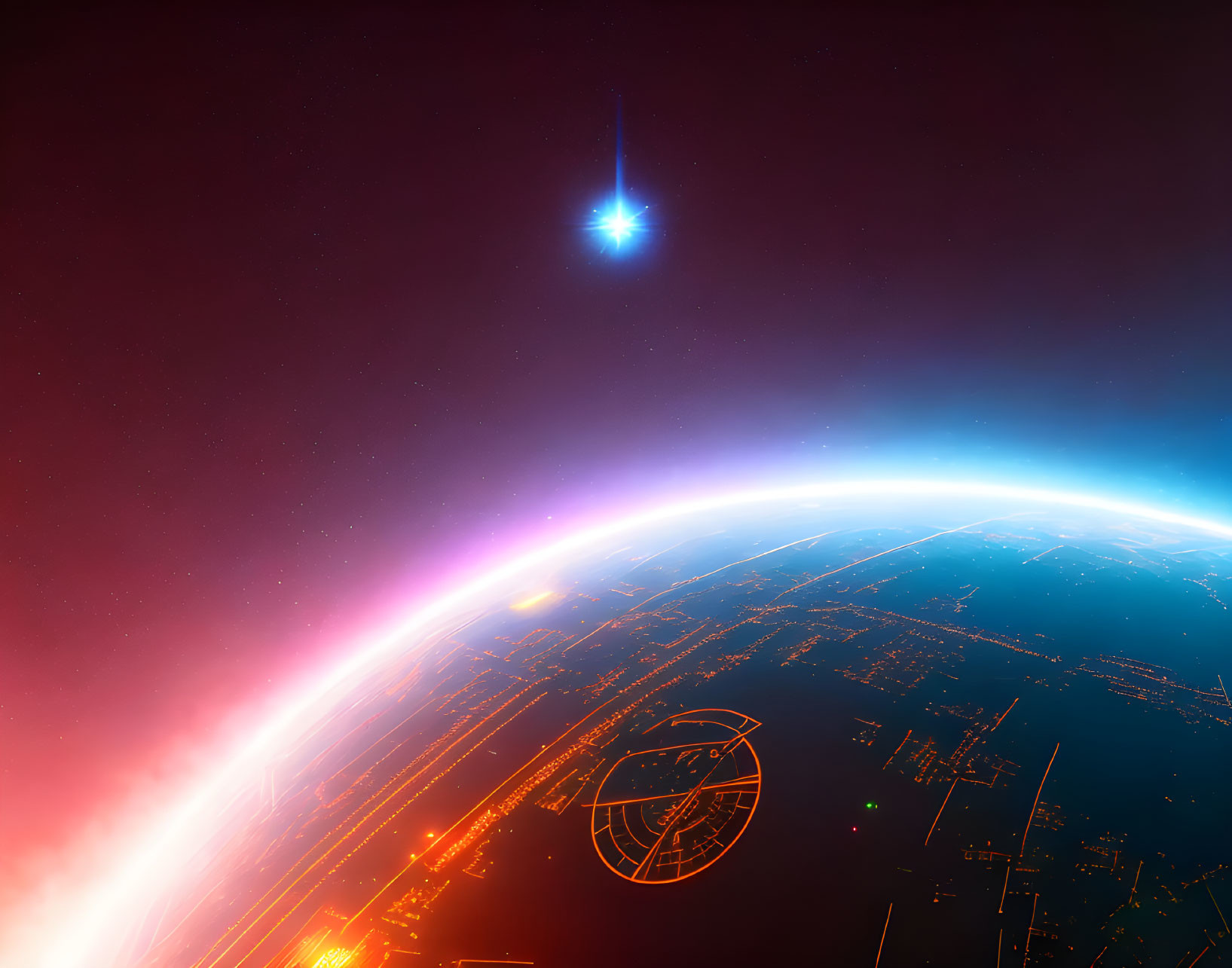 Curved Earth from space with glowing atmosphere and bright star