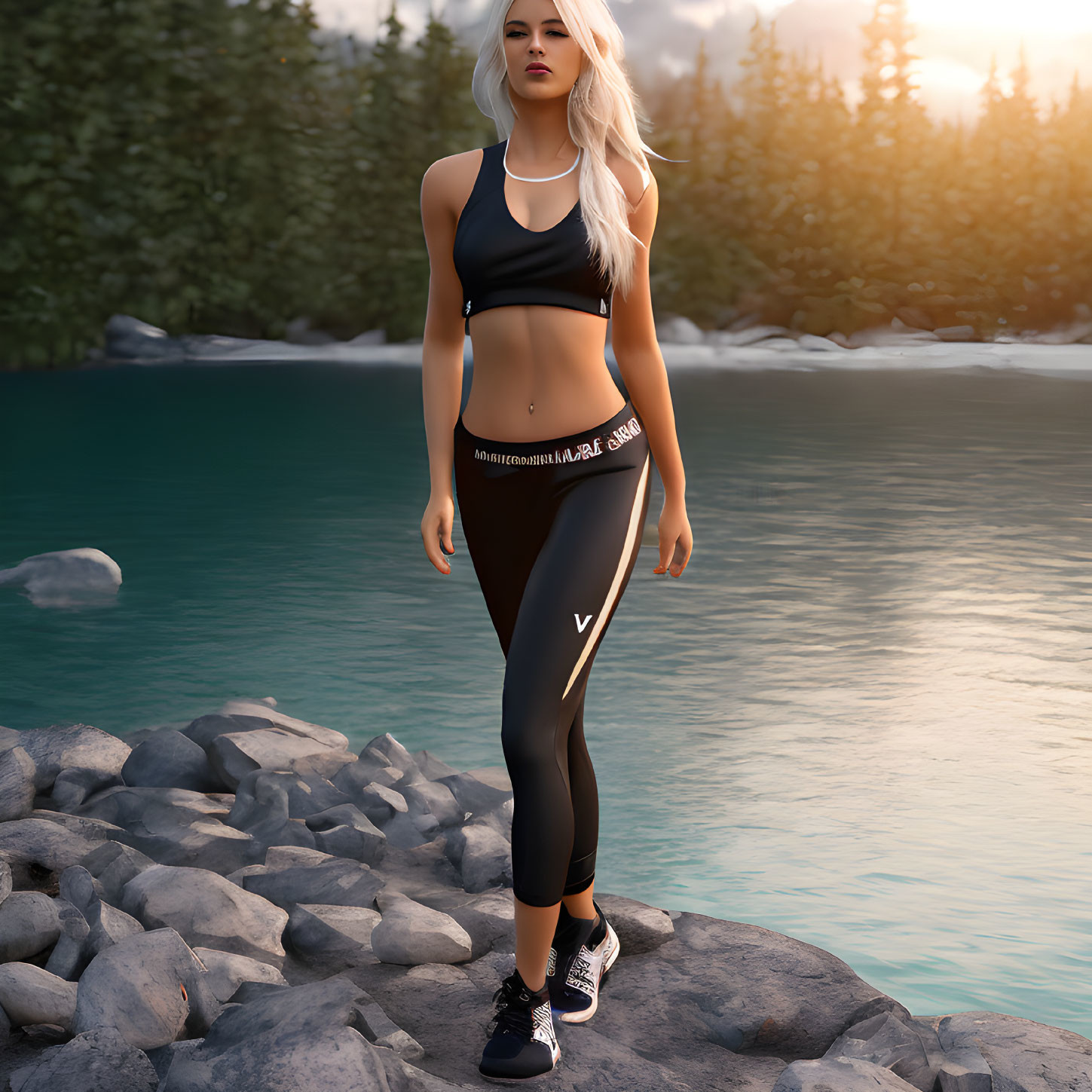 Fit woman in sportswear near forest lake at dusk