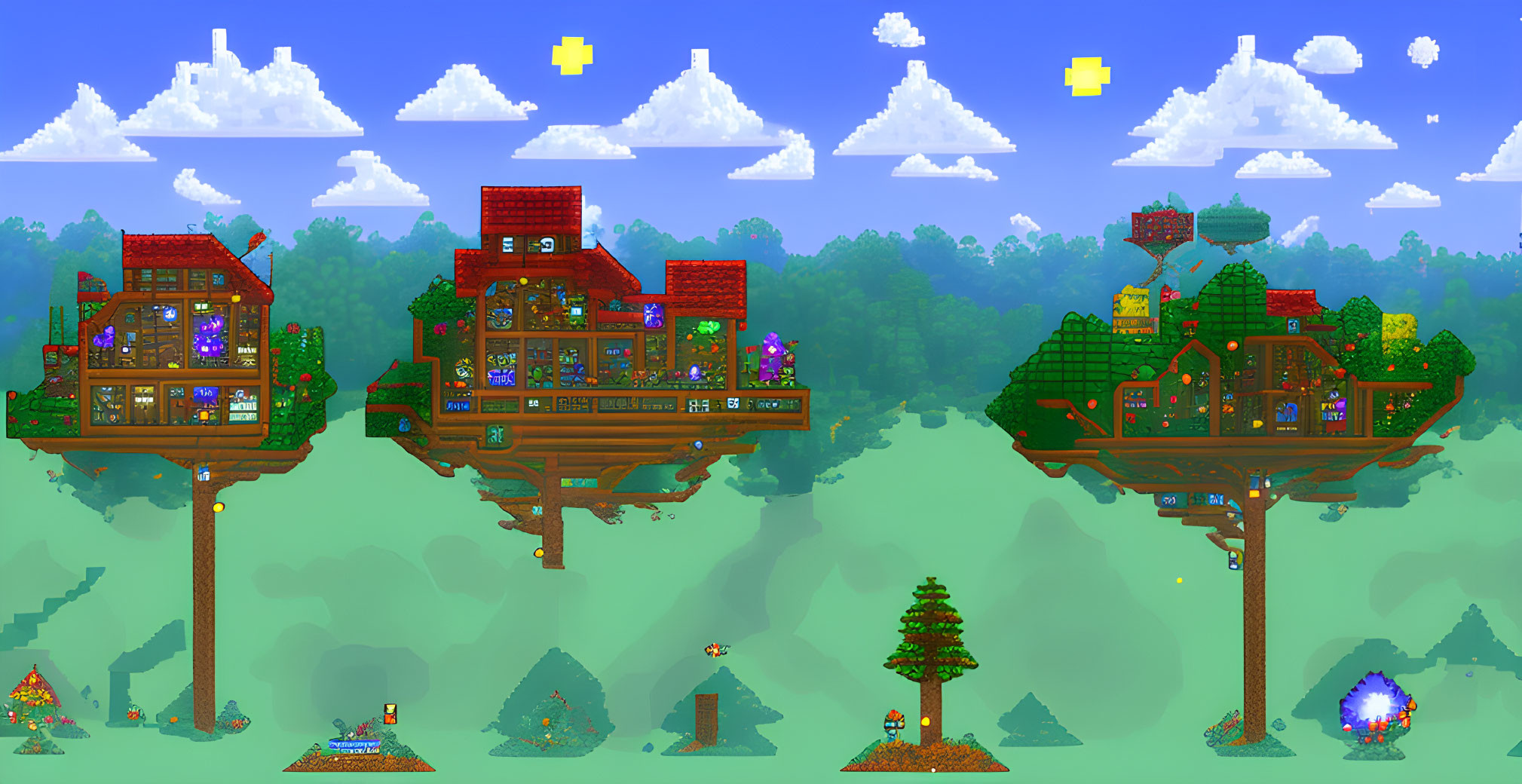 Pixelated artwork featuring colorful treehouses, floating islands, clouds, and a character in a vibrant environment