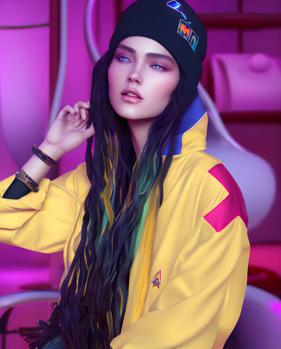 Digital Artwork: Woman with Ombré Braided Hair in Neon-lit Setting