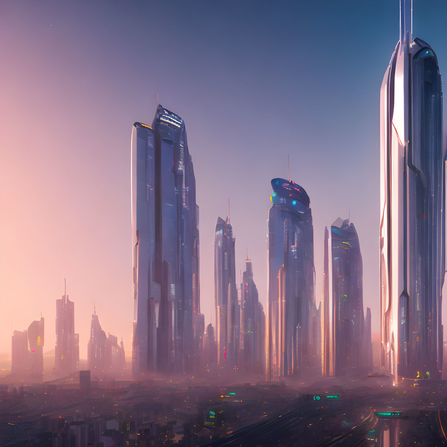 Futuristic dawn cityscape with towering skyscrapers and soft sunlight