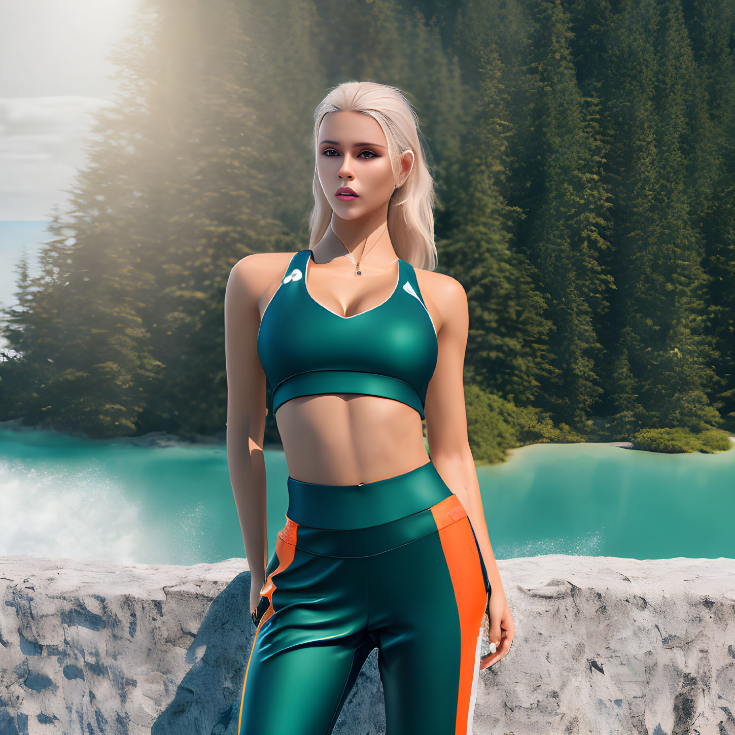 Blonde digital avatar in athletic gear against mountainous landscape