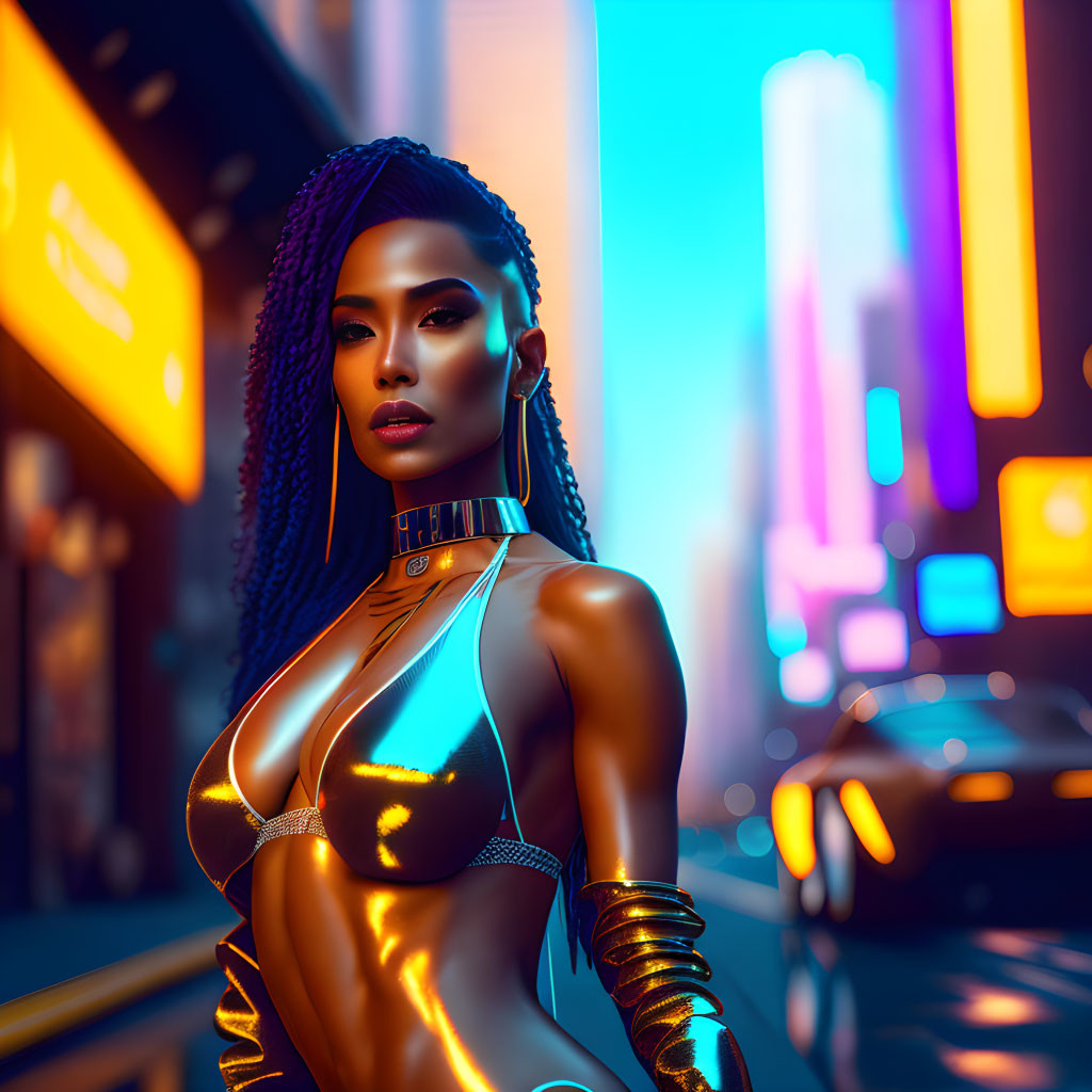 Digital Artwork: Woman with Purple Braids in Futuristic Golden Attire